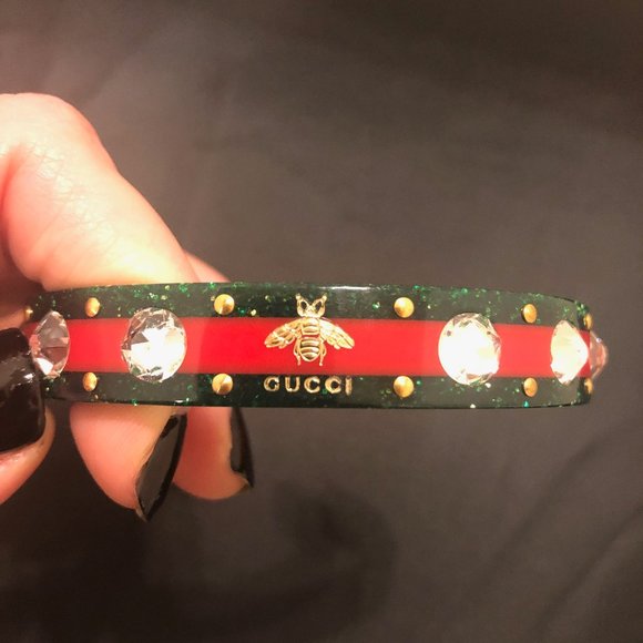 Gucci Open Stripe Cuff with Crystal Bee Red Green - Picture 10 of 16